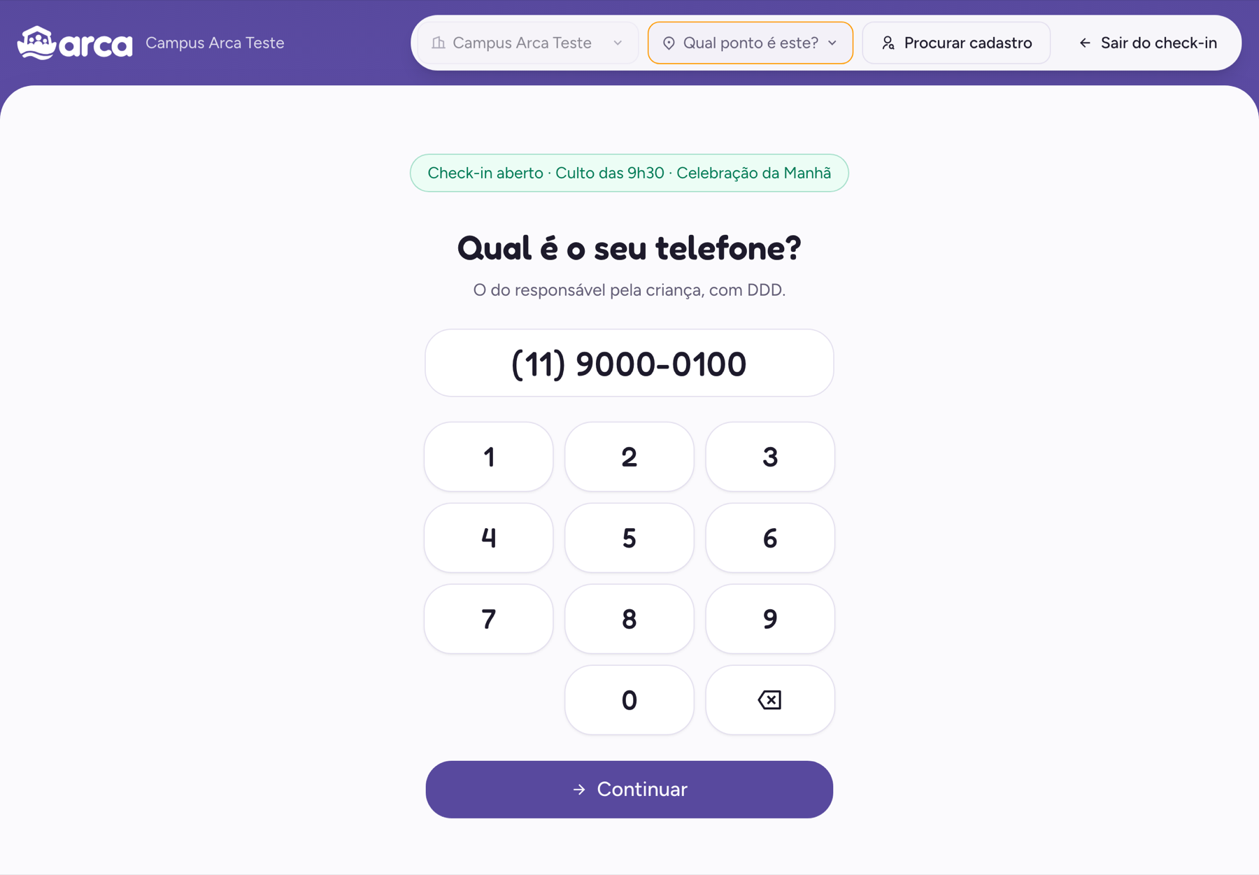 Tela onde o responsável digita o telefone